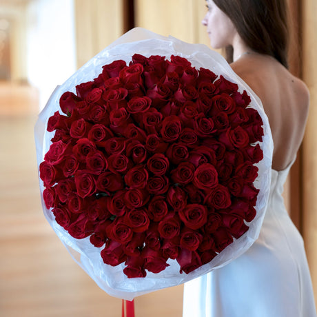100 premium red roses bouquet by Mamma Mia Flower Studio in Miami