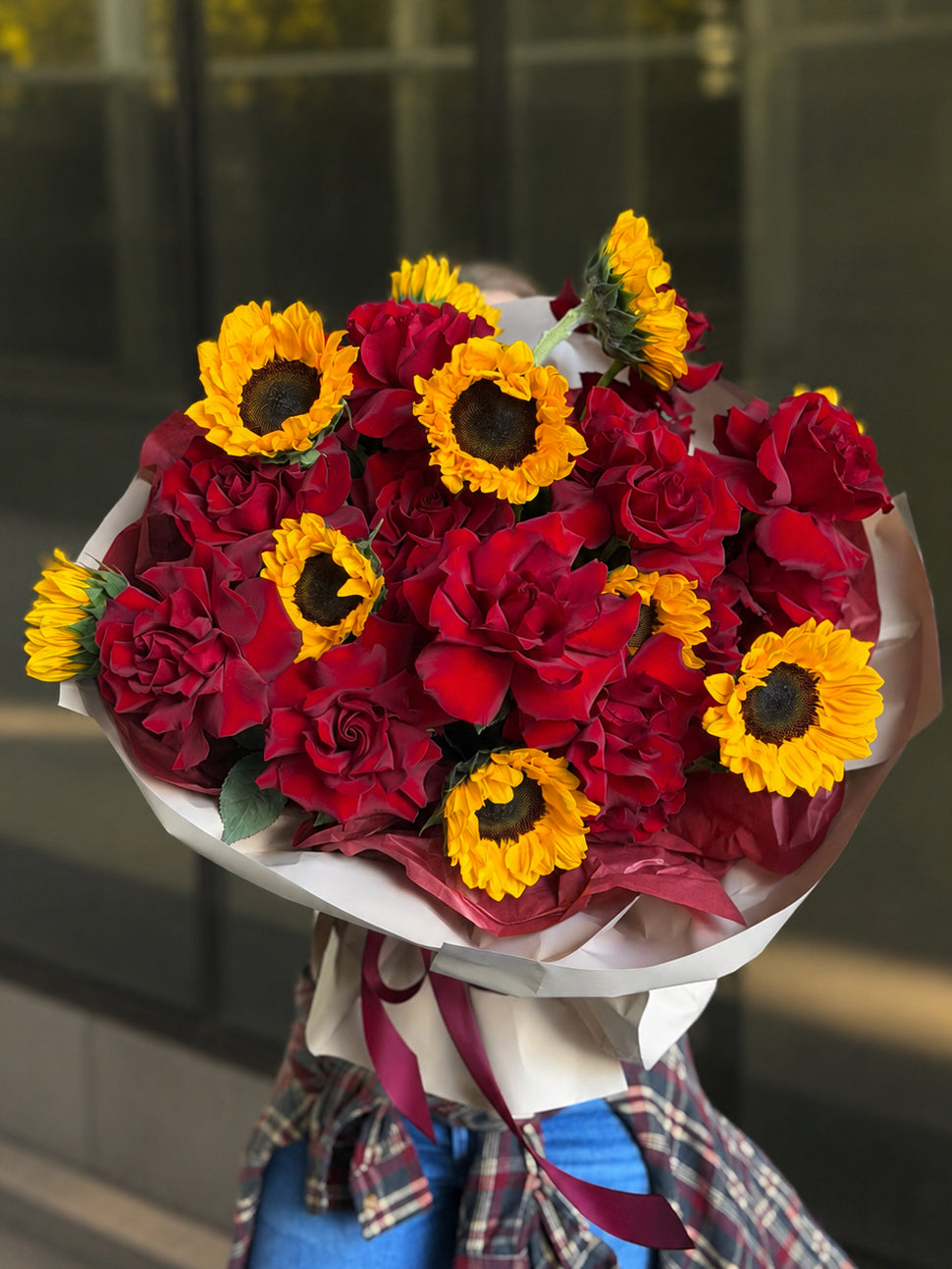 • Ruby • red roses and sunflowers bouquet