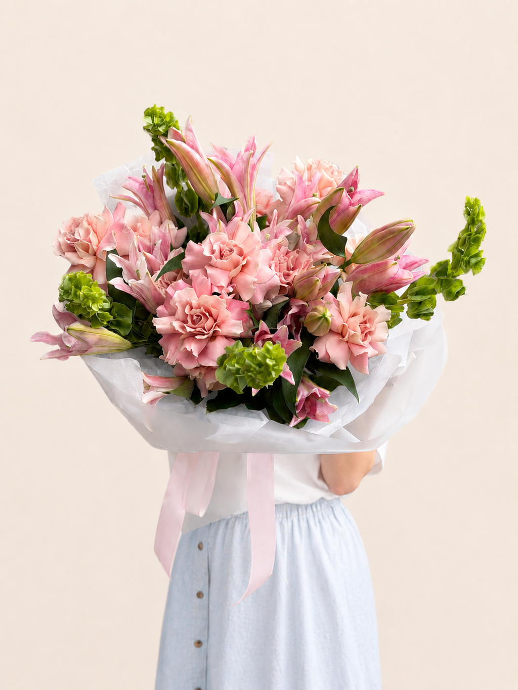 • Lily •  pink roses and lilies bouquet