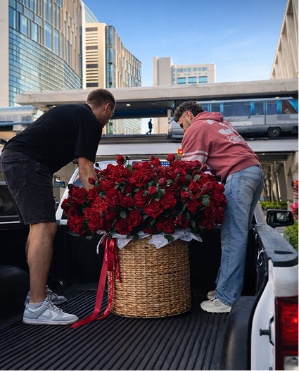 Two people loading a large basket of premium red roses from Mamma Mia Flowers into the back of a white truck.