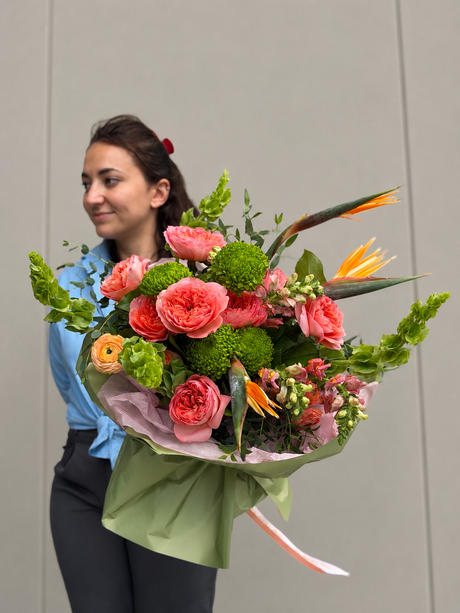 Birds of Paradise and garden roses bouquet for flower delivery in Miami