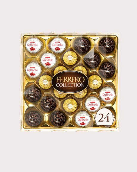 Ferrero Collection 24-piece chocolate box with a gold tray, featuring various milk and dark chocolate truffles in gold, white, and red foil packaging, set against a light gray background.