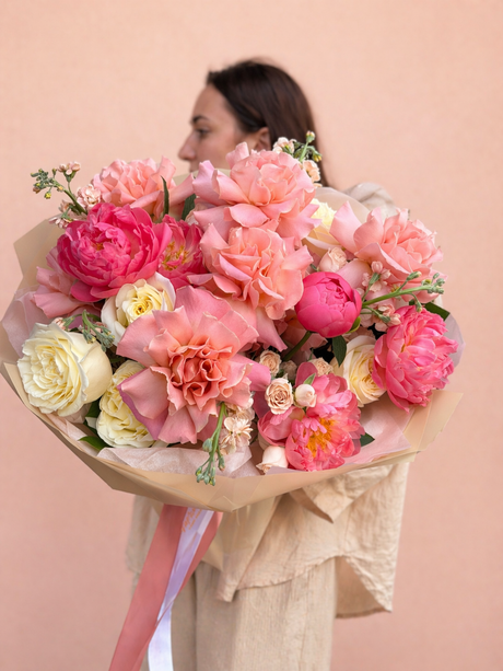 Bouquet of pink and yellow flowers - peonies, premium roses available for same day delivery in Miami , Miami Beach, Coral Gables, Coconut Grove, Midtown
