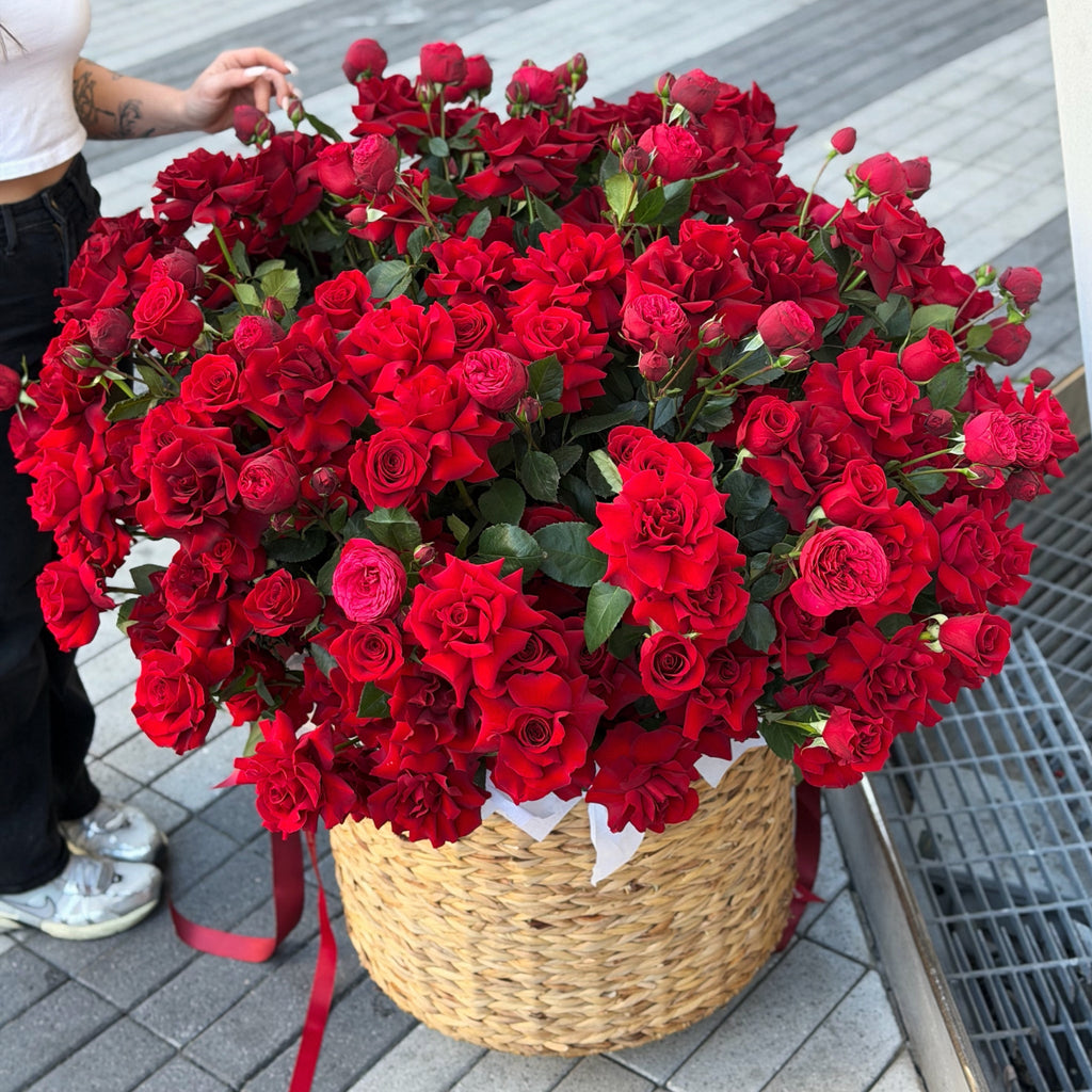 Luxury basket filled with premium red roses in Miami