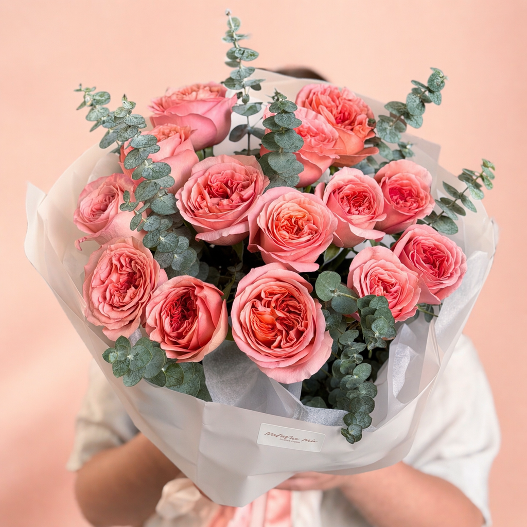 Bouquet of pink roses with eucalyptus from Mamma Mia Flowers available for same day delivery in Miami