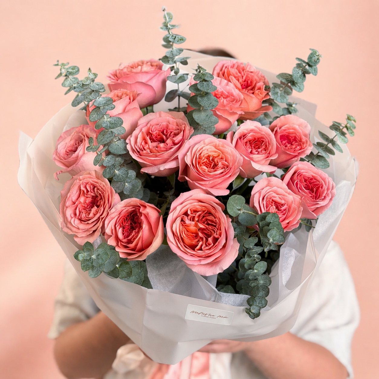 Bouquet of pink roses with eucalyptus from Mamma Mia Flowers available for same day delivery in Miami
