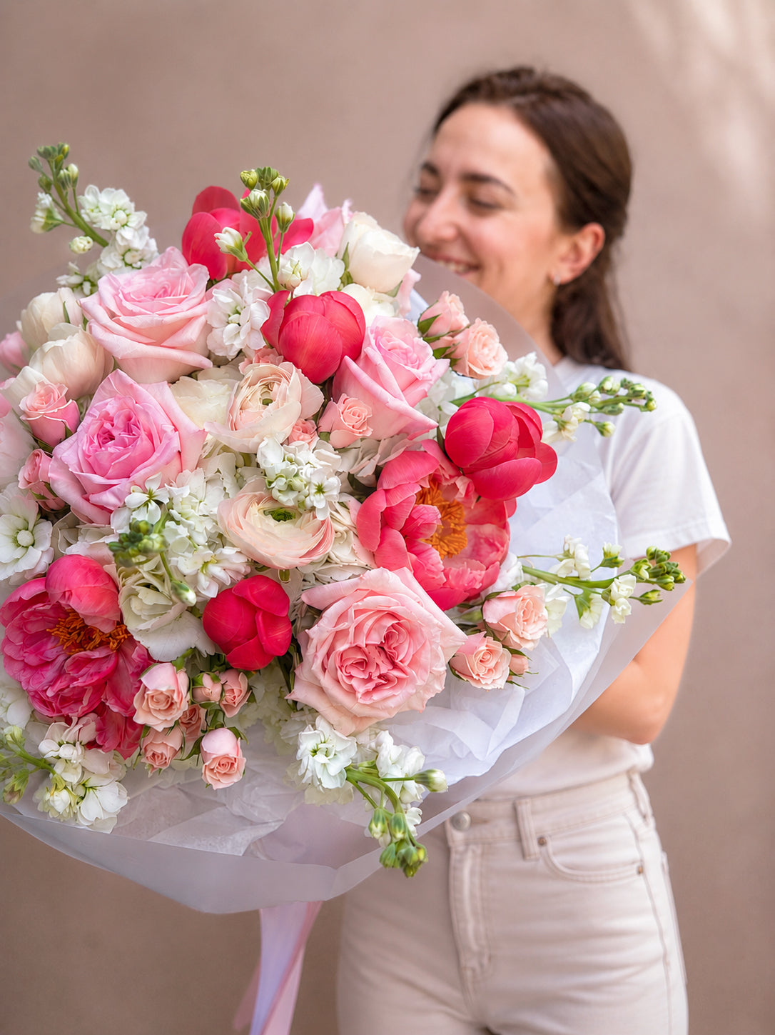Pink and white peonies and roses bouquet handcrafted in Miami