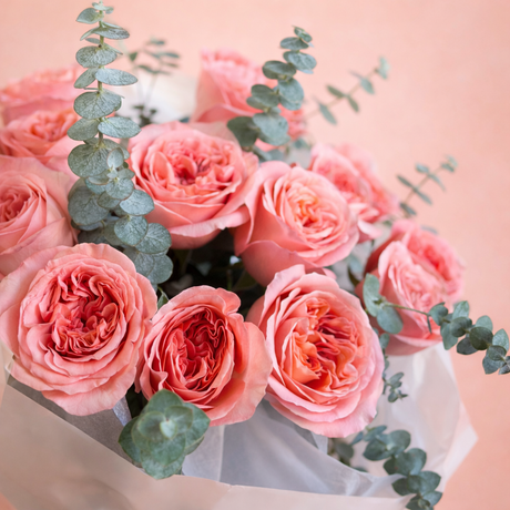 Bouquet of pink roses with eucalyptus from Mamma Mia Flowers available for same day delivery in Miami