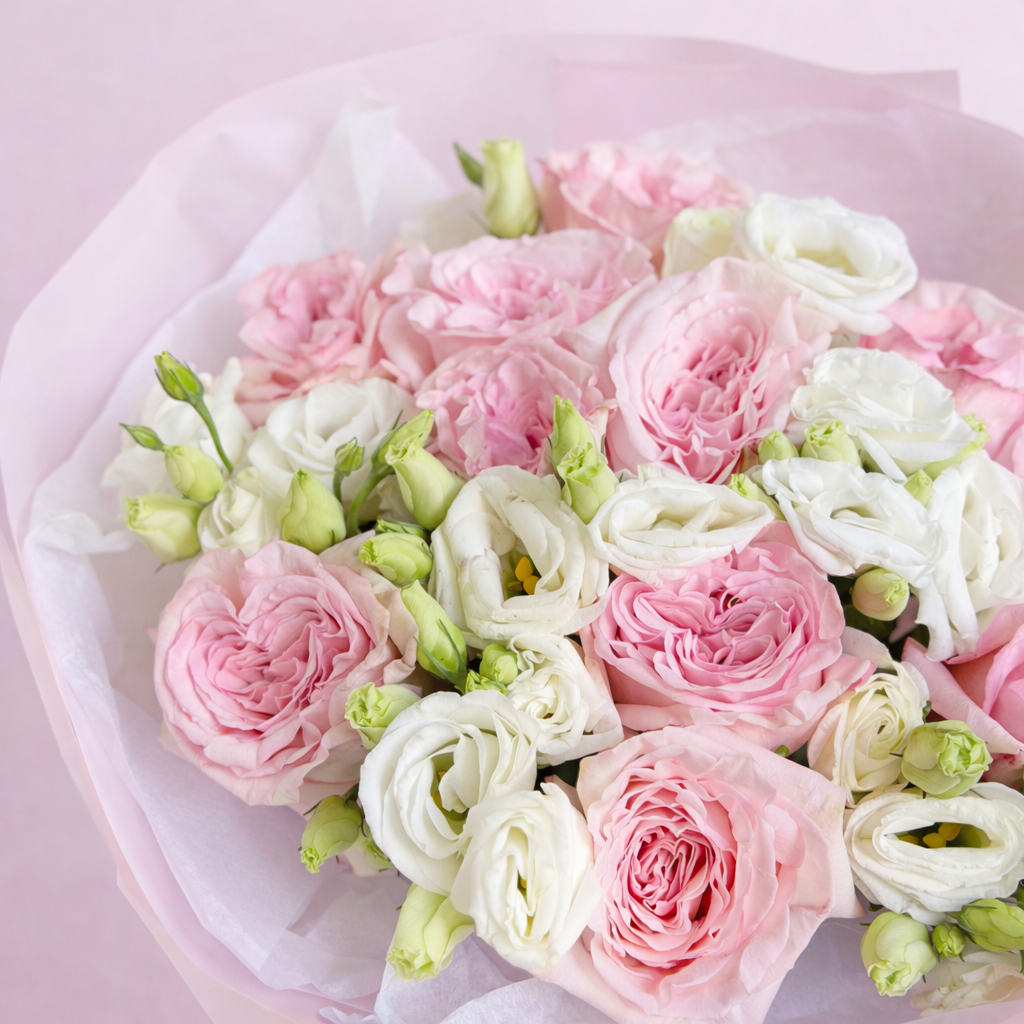 Premium garden roses bouquet with pink roses and white lisianthus in Miami