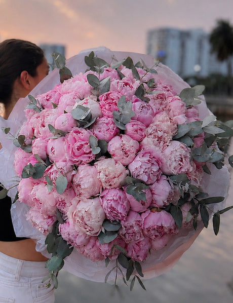 premium pink peonies bouquet with eucalyptus for flower delivery in Miami