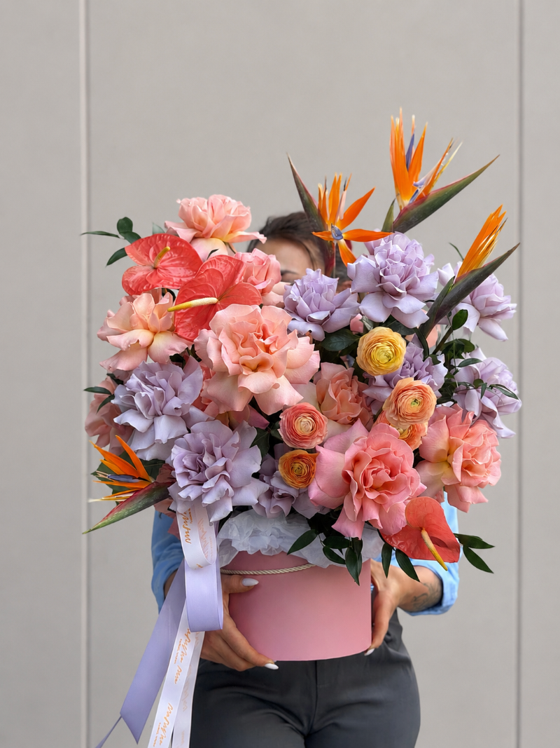 Purple French roses and Birds of Paradise flower arrangement in Miami
