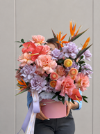Purple French roses and Birds of Paradise flower arrangement in Miami