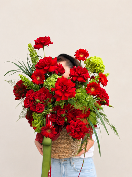 Luxury red flower basket with roses, carnations and gerbera daisies in Miami
