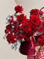 Red French roses arrangement with silver accents in a luxury flower box
